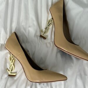 Yves Saint Laurent Style Tan Heels with Gold Logo Accent